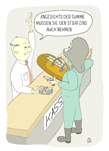 Cartoon: Strafzins (medium) by WiesenWerner tagged wirtschaft,bank,banken,strafzins,strafzinsen,bankraub,dieb,geld,zins,zinsen,cartoon,bankangestellter