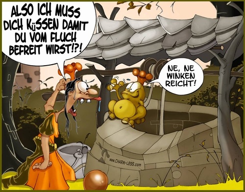 Cartoon: Froschkönig - Winken (medium) by Charmless tagged märchen,froschkönig,prinzessin,brunnen,seil,häslich,frosch,kugel