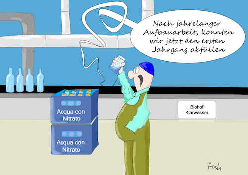 Cartoon: Acqua con Nitrato (medium) by Fish tagged wasser,nitrat,grundwasser,mineralwasser,bauer,klimapolitik,eu,landwirtschaft,höfesterben,bauernproteste,demonstrationen,klöckner,agrarpolitik,agrar