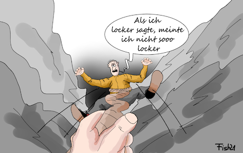 Cartoon: Lockerungen (medium) by Fish tagged corona,covid,19,lockerungen,lockdown,öffnungskonzept,stufenplan,ansteckung,merkel,spahn,coronakabinett,bergsteiger,absturz,fallzahlen,inzidenz,inzidenzwert,seil,schlucht,hand,locker,lassen,öffnungsszenarien