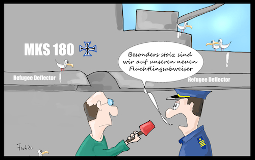 Cartoon: Mehrzweckkampfschiff 180 (medium) by Fish tagged schiff,bundeswehr,marine,soldaten,allzweckwaffe,mehrzweckkampfschiff,mehrzweck,kampdschiff,flüchtlinge,mission,sophia,rettung,mittelmeer,seenotrettung,seeenotretter,afrika,armut,flucht