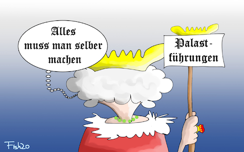 Cartoon: Palastführungen (medium) by Fish tagged corona,queen,königin,buckinghampalast,buckingham,palace,pandemie,ansteckung,arbeitsplärze,stellenstreichung,arbeitslosigkeit,briten,england