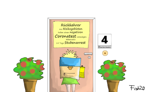 Cartoon: Schulbeginn nach Corona (medium) by Fish tagged schulbeginn,schule,restart,lehrer,schüler,risikogebiet,rückkehr,rückkehrer,negativ,negativen,test,nachweis,stubenarrest,quarantäne,corona,spahn,jens,gesundheit,tod,gesundheitsminister,fish,abstand,hygieneregeln,cdu