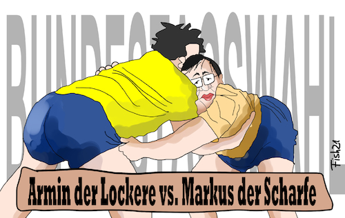 Cartoon: Showkampf (medium) by Fish tagged laschet,armin,söder,markus,lockerungen,ministerpresidenten,konferenz,öffnungen,lockdown,cdu,dsu