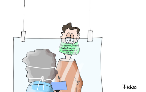 Cartoon: Treuepunkte (medium) by Fish tagged corona,einkauf,maske,atemmaske,schutzmaske,covid,19,ansteckung,payback,treuepunkte,einzelhandel,eile,kasse,kassiererin