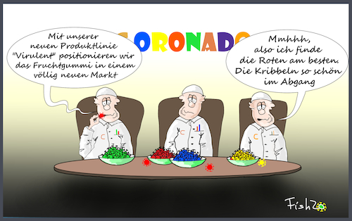 Cartoon: Verkostung bei Coronado (medium) by Fish tagged coronaovirus,virus,ansteckung,epedemie,pandemie,krank,krankheit,china,hysterie,tod,verkostung,markt,segment,position,marktsegment,wirtschaft,industrie,fruchtgummi