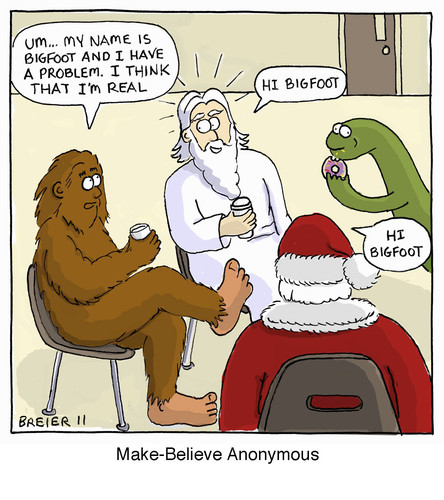 Cartoon: My Name Is Bigfoot (medium) by noodles tagged religion,support,groups,santa,loch,ness,monster,god,donuts