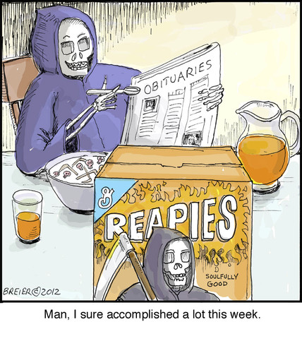 Cartoon: Reapies (medium) by noodles tagged grim,reaper,wheaties,obituaries,death,noodles,accomplishment