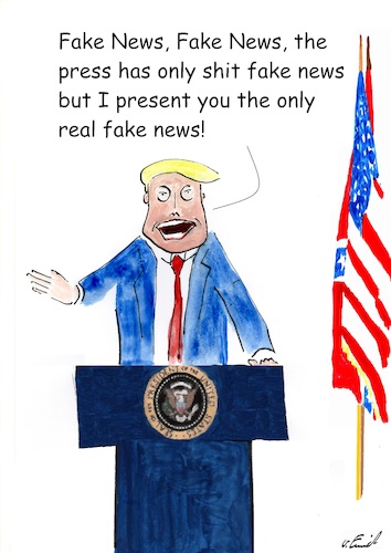 Cartoon: Fake News (medium) by Stefan von Emmerich tagged trump,dump,donald,tie,ape,stupid,animal,doofkopf,karikatur,cartoon,the,lyin,king,vote,him,away,liar,tweets,tonight