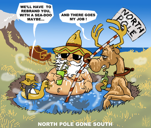 Cartoon: North gone South (medium) by NEM0 tagged north,pole,arctic,melting,climate,change,global,warming,temperature,polar,santa,clauss,jacuzzi
