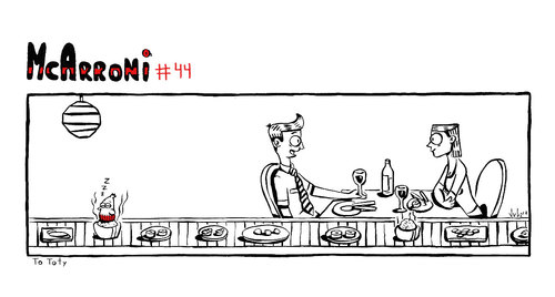 Cartoon: McArroni nro. 44 (medium) by julianloa tagged mcarroni,bird,amadeo,sushi,bar,sleeping
