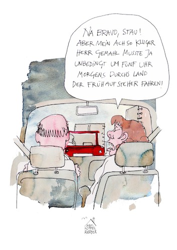 Cartoon: Frühaufsteher (medium) by Koppelredder tagged autobahn,stau,sachsenanhalt,a2,ehestreit,autobahn,stau,sachsenanhalt,a2,ehestreit