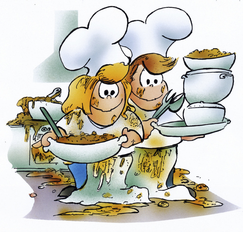 Cartoon: childrens kitchen (medium) by HSB-Cartoon tagged kitchen,kids,children,meal,dinner,lunch,crockery,airbrush,illustration,cartoon,caricature,karikatur,kinder,küche,geschirr,herd,mutter,vater,illustration,küche,gastronomie,kochen,koch,essen,kinder