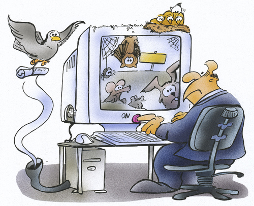 Cartoon: DSL  Netz (medium) by HSB-Cartoon tagged tiere,vogel,user,taube,kanninchen,fledermaus,homepage,email,satelit,monitor,bildschirm,rechner,pc,computer,festnetz,internet,dsl,cartoon,karikatur,hsb,dsl,internet,festnetz,computer,pc,rechner,bildschirm,monitor,email,fledermaus,kanninchen