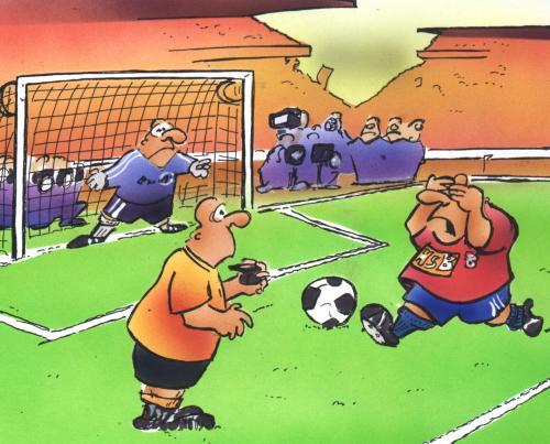 Cartoon: Elfmeterangst (medium) by HSB-Cartoon tagged fussball,elfmeter,soccer,schiedsrichter,schütze,ball,tor,fussballfeld,stadion,spieler