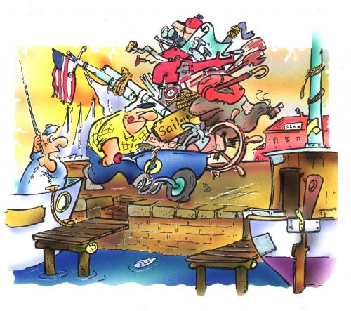 Cartoon: go on board (medium) by HSB-Cartoon tagged sailing,boat,wheelbarrow,dock,sailor,,segel,segelboot,schiff,kapitän,steuer,ruder,fahren,kentern,untergehen,heimfahrt,fahne,boje,rettungsring