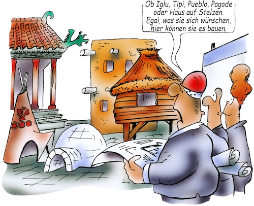 Cartoon: Hausbau (medium) by HSB-Cartoon tagged airbrush,architekt,architektur,baugebiet,bebauung,cartoon,eigenheim,einheitlich,einheitshaus,haus,hausbau,hsb,hsbcartoon,iglu,karikatur,lokalkarikatur,neubau,pagode,pueblo,siedlung,stelzen,stil,tipi,unterschied,unterschiedlich,wohnraum,wohnsiedlung,airbrush,architekt,architektur,baugebiet,bebauung,cartoon,eigenheim,einheitlich,einheitshaus,haus,hausbau,hsb,hsbcartoon,iglu,karikatur,lokalkarikatur,neubau,pagode,pueblo,siedlung,stelzen,stil,tipi,unterschied,unterschiedlich,wohnraum,wohnsiedlung