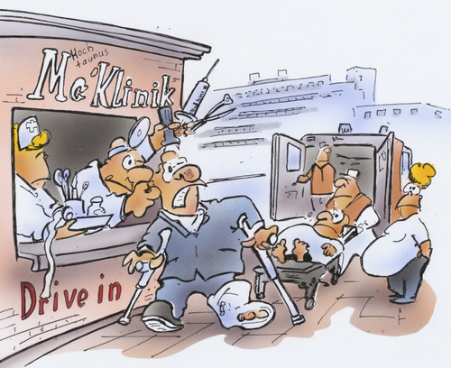 Cartoon: Hospital Drive Inn (medium) by HSB-Cartoon tagged doctor,hospital,attendance,mcdonalds,fastfood,drive inn,gastro,gastronomie,krankenhaus,pflege,unfall,gesundheit,schnell,krankenkasse,patienten,patient,doktor,arzt,bereitschafstdienst,wirtschaft,drive,inn