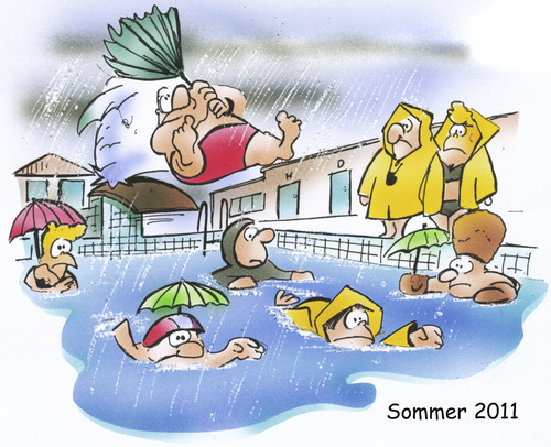 Cartoon: summer weather 2011 (medium) by HSB-Cartoon tagged airbrush,caricature,karikatur,cartoon,regenwetter,regen,schwimmen,schwimmbad,freibad,wetter,sommer,clouds,sun,rain,swiming,pool,weathr,summer,sommer,wetter,regen,jahreszeiten