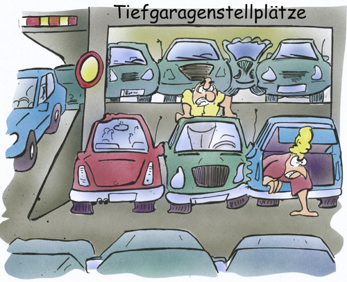 Cartoon: Tiefgaragenstellplatz (medium) by HSB-Cartoon tagged tiefgarage,auto,fahrzeug,parkplatz,parkplatzproblem,stellplatz,wagen,autofahrer,cartoon,caricature,karikatur,hsb,airbrush,tiefgarage,auto,fahrzeug,parkplatz,stellplatz,wagen,autofahrer