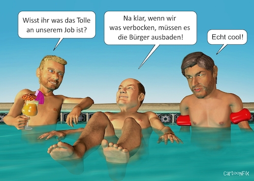 Cartoon: Badezeit (medium) by Cartoonfix tagged politik,ohne,konsequenz,scholz,habeck,lindner,baerbock,merkel,söder,lauterbach,spahn,scheuer,nüßlein,sauter,usw