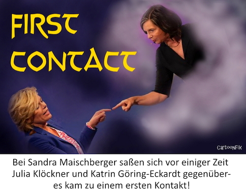 Cartoon: First Contact (medium) by Cartoonfix tagged maischberger,talkshow,goering,eckhard,julia,kloeckner