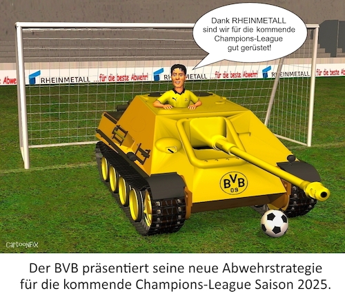 Cartoon: Neue Abwehrstrategie (medium) by Cartoonfix tagged rheinmetall,der,neuer,sponsor,des,bvb