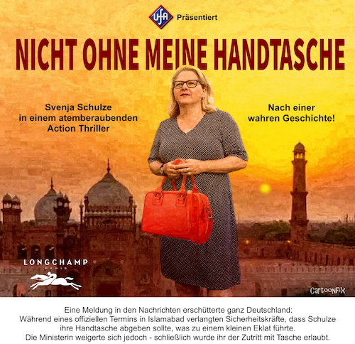 Cartoon: Nicht ohne meine Handtasche (medium) by Cartoonfix tagged svenja,schulze,entwicklungsministerin,handtasche,islamabad,pakistan,film,nicht,ohne,meine,tochter