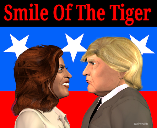 Cartoon: Smile Of The Tiger (medium) by Cartoonfix tagged donald,trump,kamala,harris,laecheln,usa,wahl,2024