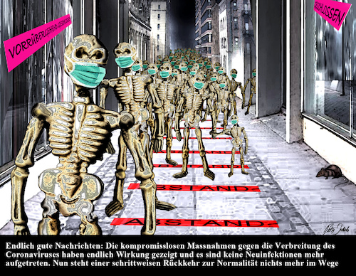 Cartoon: Rückkehr zur Normalität (medium) by jakpet tagged corona,2020,abstand,lockdown,wirtschaftskrise,pleite,rezession,bankrott,ruin,depression,gesundheitskrise