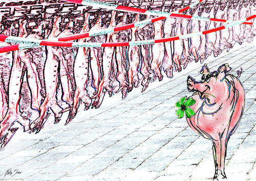 Cartoon: Schwein gehabt! (medium) by jakpet tagged corona,lockdown,fleischfabrik,hotspot
