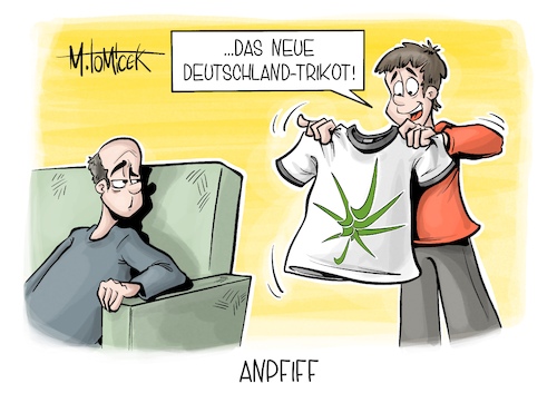 Cartoon: Anpfiff (medium) by Mirco Tomicek tagged deutschland,fußball,fußballspiel,em,europameisterschaft,europameister,testspiel,ausrüster,dfb,nike,adidas,trikots,trikot,deutschlandtrikot,cannabis,legalisierung,cannabislegalisierung,hand,marihuana,kiffen,cartoon,karikatur,pressekarikatur,mirco,tomicek,deutschland,fußball,fußballspiel,em,europameisterschaft,europameister,testspiel,ausrüster,dfb,nike,adidas,trikots,trikot,deutschlandtrikot,cannabis,legalisierung,cannabislegalisierung,hand,marihuana,kiffen,cartoon,karikatur,pressekarikatur,mirco,tomicek