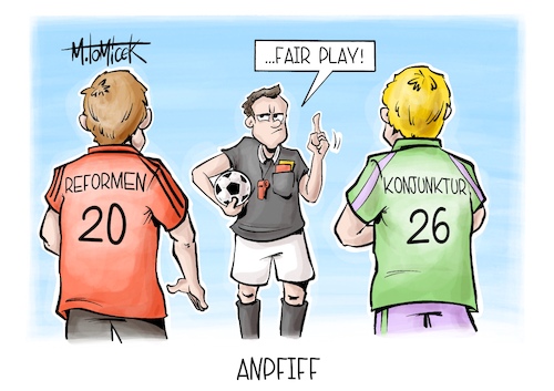 Cartoon: Anpfiff (medium) by Mirco Tomicek tagged fußball,wm,weltmeisterschaft,fußballer,fußballspiel,amerika,anpfiff,koalition,reformen,reform,rente,renten,apotheken,konjunktur,prognosen,inflation,karikatur,cartoon,pressekarikatur,mirco,tomicek,fußball,wm,weltmeisterschaft,fußballer,fußballspiel,amerika,anpfiff,koalition,reformen,reform,rente,renten,apotheken,konjunktur,prognosen,inflation,karikatur,cartoon,pressekarikatur,mirco,tomicek