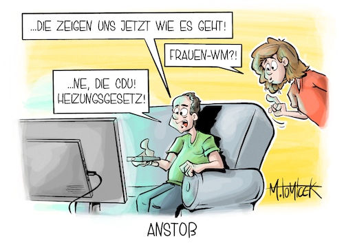 Cartoon: Anstoß (medium) by Mirco Tomicek tagged union,cdu,csu,merz,heizungsgesetz,heizung,gesetz,energiegebäudegesetz,energie,gebäude,energien,umbau,habeck,neustart,bundesverfassungsgericht,bverfg,urteil,frauen,wm,weltemisterschaft,frauenfußball,national,elf,fußball,karikatur,pressekarikatur,cartoon,mirco,tomicek,union,cdu,csu,merz,heizungsgesetz,heizung,gesetz,energiegebäudegesetz,energie,gebäude,energien,umbau,habeck,neustart,bundesverfassungsgericht,bverfg,urteil,frauen,wm,weltemisterschaft,frauenfußball,national,elf,fußball,karikatur,pressekarikatur,cartoon,mirco,tomicek