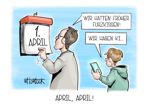 Cartoon: April April! (medium) by Mirco Tomicek tagged erster,april,aprilscherz,scherze,streiche,witze,ki,künstliche,intelligenz,ai,smartphone,social,media,kinder,erwachsene,fake,karikatur,cartoon,pressekarikatur,mirco,tomicek,erster,april,aprilscherz,scherze,streiche,witze,ki,künstliche,intelligenz,ai,smartphone,social,media,kinder,erwachsene,fake,karikatur,cartoon,pressekarikatur,mirco,tomicek
