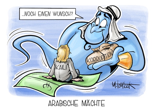 Cartoon: Arabische Mächte (medium) by Mirco Tomicek tagged festnahme,eva,kaili,katar,quatar,brüssel,eu,vizepräsidentin,parlament,geschmiert,korruption,korruptionsskandal,skandal,geld,geldkoffer,europa,image,wm,disney,aladin,genie,cartoon,karikatur,pressekarikatur,mirco,tomicek,festnahme,eva,kaili,katar,quatar,brüssel,eu,vizepräsidentin,parlament,geschmiert,korruption,korruptionsskandal,skandal,geld,geldkoffer,europa,image,wm,disney,aladin,genie,cartoon,karikatur,pressekarikatur,mirco,tomicek