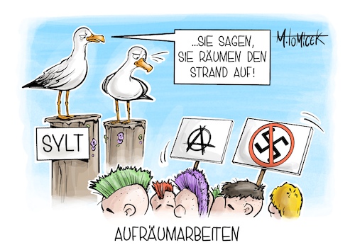 Cartoon: Aufräumarbeiten (medium) by Mirco Tomicek tagged sylt,nordseeinsel,rassismus,eklat,nazis,nazi,parolen,rechtsradikal,gegen,rechts,demos,punks,punk,cartoon,karikatur,pressekarikatur,sylt,nordseeinsel,rassismus,eklat,nazis,nazi,parolen,rechtsradikal,gegen,rechts,demos,punks,punk,cartoon,karikatur,pressekarikatur