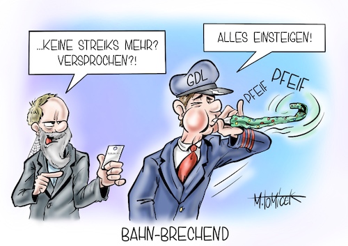 Cartoon: Bahn-Brechend (medium) by Mirco Tomicek tagged gdl,gewerkschaft,deutscher,lokomotivführer,lokführer,deutsche,bahn,db,bahnführer,zugstreik,streiks,streiken,zug,züge,tarif,tarifvertrag,vertrag,bahnstreik,lokführerstreiks,ende,einigung,cartoon,karikatur,pressekarikatur,mirco,tomicek,gdl,gewerkschaft,deutscher,lokomotivführer,lokführer,deutsche,bahn,db,bahnführer,zugstreik,streiks,streiken,zug,züge,tarif,tarifvertrag,vertrag,bahnstreik,lokführerstreiks,ende,einigung,cartoon,karikatur,pressekarikatur,mirco,tomicek