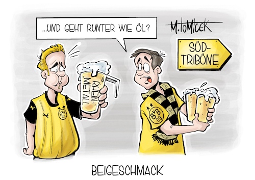 Cartoon: Beigeschmack (medium) by Mirco Tomicek tagged rheinmetall,bvb,borussia,dortmund,verein,werbung,sponsor,sponsoren,waffenhersteller,waffen,rüstung,rüstungshersteller,hersteller,fußball,fußballer,signal,iduna,park,südtribüne,karikatur,cartoon,pressekarikatur,mirco,tomicek,rheinmetall,bvb,borussia,dortmund,verein,werbung,sponsor,sponsoren,waffenhersteller,waffen,rüstung,rüstungshersteller,hersteller,fußball,fußballer,signal,iduna,park,südtribüne,karikatur,cartoon,pressekarikatur,mirco,tomicek