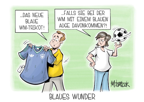 Cartoon: Blaues Wunder (medium) by Mirco Tomicek tagged dfb,deutscher,fußball,bund,nationalmannschaft,mannschaft,blaues,auswärtstrikot,trikot,blau,wm,weltmeisterschaft,adidas,fußballer,karikatur,cartoon,pressekarikatur,mirco,tomicek,dfb,deutscher,fußball,bund,nationalmannschaft,mannschaft,blaues,auswärtstrikot,trikot,blau,wm,weltmeisterschaft,adidas,fußballer,karikatur,cartoon,pressekarikatur,mirco,tomicek