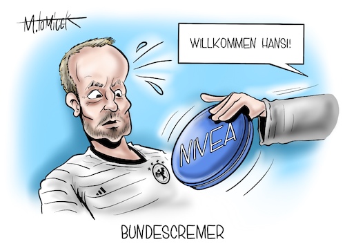 Cartoon: Bundescremer (medium) by Mirco Tomicek tagged hansi,flick,fcb,fc,bayern,münchen,fußball,neuer,bundestrainer,trainer,fußballtrainer,trainieren,em,wm,kadar,fußballnationalmannschaft,mannschaft,nationalmannschaft,dfb,deutschland,nachfolger,jogi,löw,coach,nachfolge,fußstapfen,nivea,cartoon,karikatur,pressekarikatur,mirco,tomicek,hansi,flick,fcb,fc,bayern,münchen,fußball,neuer,bundestrainer,trainer,fußballtrainer,trainieren,em,wm,kadar,fußballnationalmannschaft,mannschaft,nationalmannschaft,dfb,deutschland,nachfolger,jogi,löw,coach,nachfolge,fußstapfen,nivea,cartoon,karikatur,pressekarikatur,mirco,tomicek