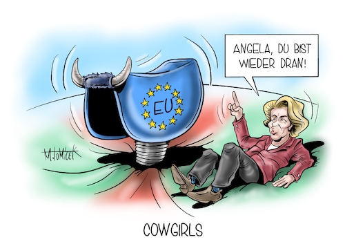 Cartoon: Cowgirls (medium) by Mirco Tomicek tagged angela,merkel,ursula,von,der,leyen,gespräch,treffen,bundeskanzlerin,eu,kommissionspräsidentin,kanzlerin,kanzleramt,bundeskanzleramt,europa,berlin,europäische,lage,frage,europapolitik,flüchtlinge,flüchtlingspolitik,corona,belarus,karikatur,cartoon,mirco,tomicek,angela,merkel,ursula,von,der,leyen,gespräch,treffen,bundeskanzlerin,eu,kommissionspräsidentin,kanzlerin,kanzleramt,bundeskanzleramt,europa,berlin,europäische,lage,frage,europapolitik,flüchtlinge,flüchtlingspolitik,corona,belarus,karikatur,cartoon,mirco,tomicek