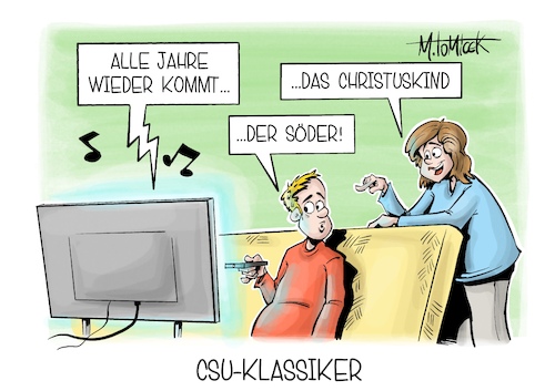 Cartoon: CSU-Klassiker (medium) by Mirco Tomicek tagged csu,partei,parteitag,ministerpräsident,bayern,münchen,wiederwahl,vorsitz,vorsitzender,parteivorsitzender,markus,söder,weihnachten,weihnachtslied,karikatur,pressekarikatur,cartoon,mirco,tomicek,csu,partei,parteitag,ministerpräsident,bayern,münchen,wiederwahl,vorsitz,vorsitzender,parteivorsitzender,markus,söder,weihnachten,weihnachtslied,karikatur,pressekarikatur,cartoon,mirco,tomicek