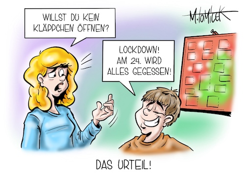 Cartoon: Das Urteil! (medium) by Mirco Tomicek tagged ausgangssperre,kontaktbeschränkungen,lockdown,notbremse,verfassungsgemäß,verfassung,karlsruhe,bund,pandemie,welle,corona,kontakte,kontaktbeschränkung,bremse,urteil,adventskalender,advent,weihnachten,cartoon,karikatur,pressekarikatur,mirco,tomicek,ausgangssperre,kontaktbeschränkungen,lockdown,notbremse,verfassungsgemäß,verfassung,karlsruhe,bund,pandemie,welle,corona,kontakte,kontaktbeschränkung,bremse,urteil,adventskalender,advent,weihnachten,cartoon,karikatur,pressekarikatur,mirco,tomicek