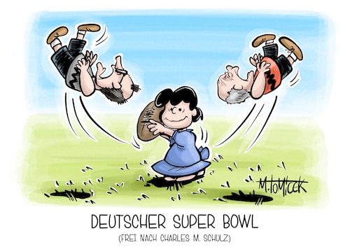 Cartoon: Deutscher Super Bowl (medium) by Mirco Tomicek tagged ard,zdf,tv,duell,fernsehen,wahlkampf,wahl,neuwahl,cdu,union,csu,friedrich,merz,spd,olaf,scholz,kanzler,kanzlerkandidat,schlagabtausch,bubatz,super,bowl,american,football,peanuts,charlie,brown,karikatur,pressekarikatur,cartoon,mirco,tomicek,ard,zdf,tv,duell,fernsehen,wahlkampf,wahl,neuwahl,cdu,union,csu,friedrich,merz,spd,olaf,scholz,kanzler,kanzlerkandidat,schlagabtausch,bubatz,super,bowl,american,football,peanuts,charlie,brown,karikatur,pressekarikatur,cartoon,mirco,tomicek