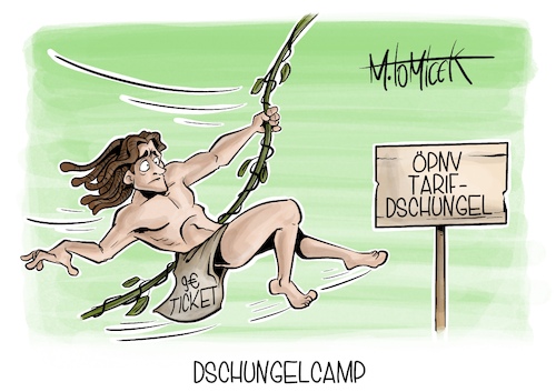 Cartoon: Dschungelcamp (medium) by Mirco Tomicek tagged verkehrsminister,wissing,euro,ticket,tickets,öpnv,öffentlicher,nahverkehr,zug,bahn,züge,bahnfahren,bus,bahnhof,nahverkehrticket,bundesweit,tarzan,tarif,tarife,tarifdschungel,dschungel,cartoon,karikatur,pressekarikatur,mirco,tomicek,verkehrsminister,wissing,euro,ticket,tickets,öpnv,öffentlicher,nahverkehr,zug,bahn,züge,bahnfahren,bus,bahnhof,nahverkehrticket,bundesweit,tarzan,tarif,tarife,tarifdschungel,dschungel,cartoon,karikatur,pressekarikatur,mirco,tomicek