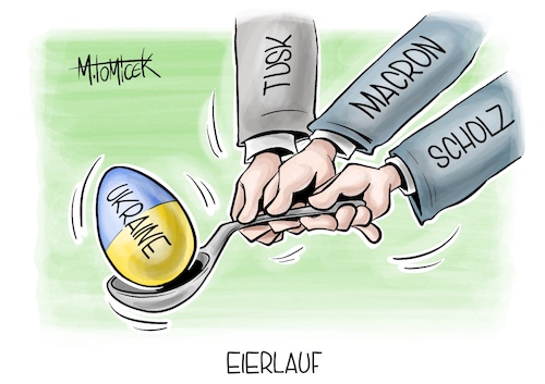 Cartoon: Eierlauf (medium) by Mirco Tomicek tagged donald,tusk,emmanuel,macron,olaf,scholz,krisentreffen,weimarer,dreieck,polen,frankreich,deutschland,ukraine,waffenlieferung,waffen,hilfe,ukrainepolitik,militär,bundeswehr,unterstützung,soldaten,einsatz,eier,ostereier,ostern,karikatur,pressekarikatur,cartoon,mirco,tomicek,donald,tusk,emmanuel,macron,olaf,scholz,krisentreffen,weimarer,dreieck,polen,frankreich,deutschland,ukraine,waffenlieferung,waffen,hilfe,ukrainepolitik,militär,bundeswehr,unterstützung,soldaten,einsatz,eier,ostereier,ostern,karikatur,pressekarikatur,cartoon,mirco,tomicek