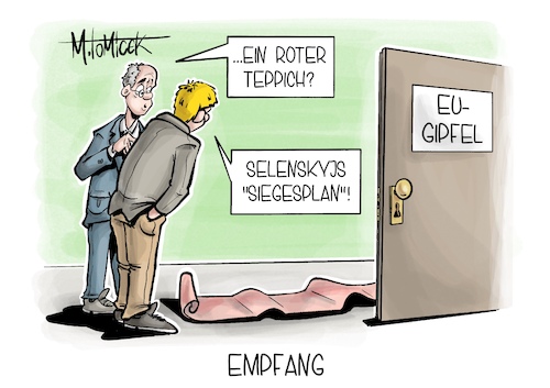 Cartoon: Empfang (medium) by Mirco Tomicek tagged selenskyj,eu,gipfel,siegesplan,plan,sieg,frieden,ukraine,krieg,russland,raketen,europa,nato,roter,teppich,cartoon,karikatur,pressekarikatur,mirco,tomicek,selenskyj,eu,gipfel,siegesplan,plan,sieg,frieden,ukraine,krieg,russland,raketen,europa,nato,roter,teppich,cartoon,karikatur,pressekarikatur,mirco,tomicek