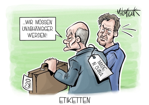 Cartoon: Etiketten (medium) by Mirco Tomicek tagged china,wirtschaft,kanzler,olaf,scholz,wirtschaftsminister,robert,habeck,peking,abhängig,abhängigkeit,g20,treffen,asien,cartoon,karikatur,pressekarikatur,mirco,tomicek,china,wirtschaft,kanzler,olaf,scholz,wirtschaftsminister,robert,habeck,peking,abhängig,abhängigkeit,g20,treffen,asien,cartoon,karikatur,pressekarikatur,mirco,tomicek