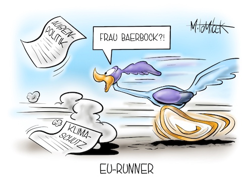 Cartoon: EU-Runner (medium) by Mirco Tomicek tagged annalena,baerbock,außenministerin,grüne,grünen,paris,antritt,antrittsbesuch,besuch,reise,europa,eu,außenpolitik,politik,klimaschutz,klimapolitik,ministerin,reisen,ampelkoalition,ampel,regierung,roadrunner,looney,tunes,cartoon,karikatur,pressekarikatur,mirco,tomicek,annalena,baerbock,außenministerin,grüne,grünen,paris,antritt,antrittsbesuch,besuch,reise,europa,eu,außenpolitik,politik,klimaschutz,klimapolitik,ministerin,reisen,ampelkoalition,ampel,regierung,roadrunner,looney,tunes,cartoon,karikatur,pressekarikatur,mirco,tomicek